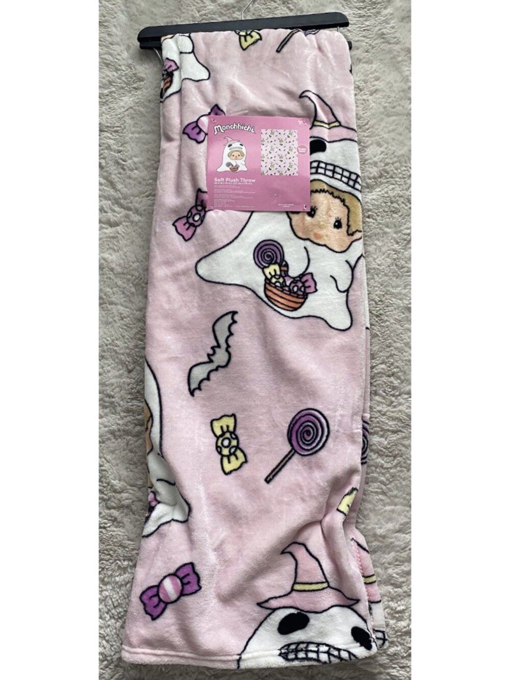 Halloween Candy Ghost Monchhichi Pink Soft Plush Throw Blanket 50” X 70” NEW